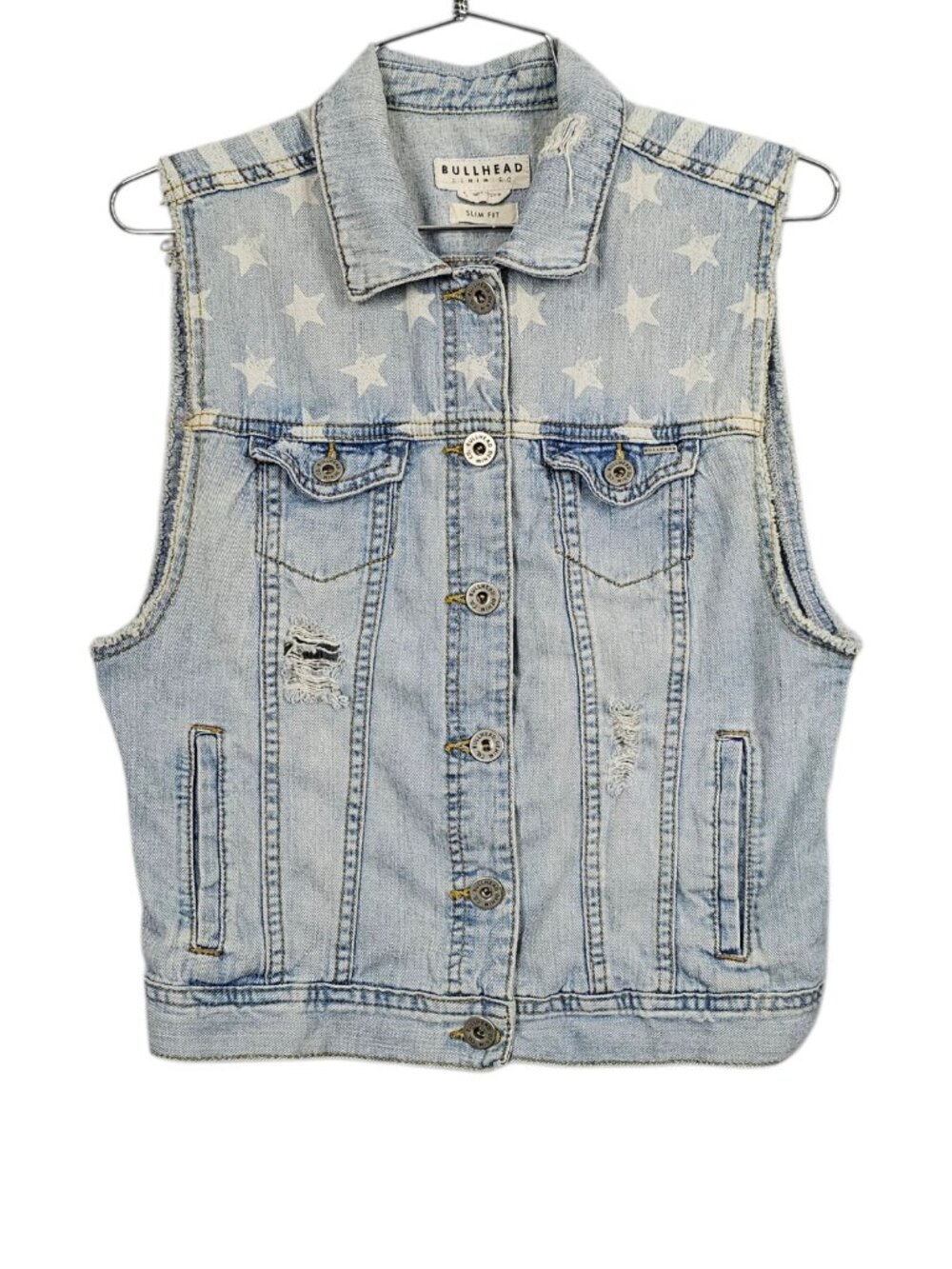 Bullhead Denim Co PacSun Distressed Light Wash Jean Vest Star Stripe Blue Size L